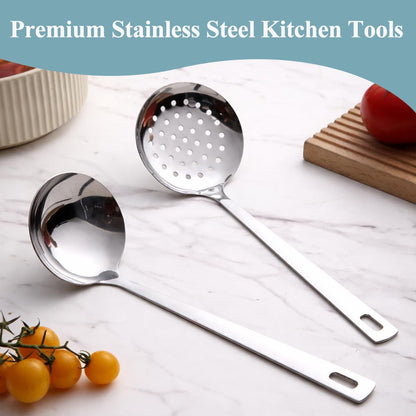 Slotted Spoons and Kitchen Ladle Spoon Set 2 Pcs, Stainless Steel Kitchen Spider Strainer Skimmer Soup Ladle for Straining Pasta/Cooking/Frying, Serving Soup/Gravy, Metal Kitchen Utensils