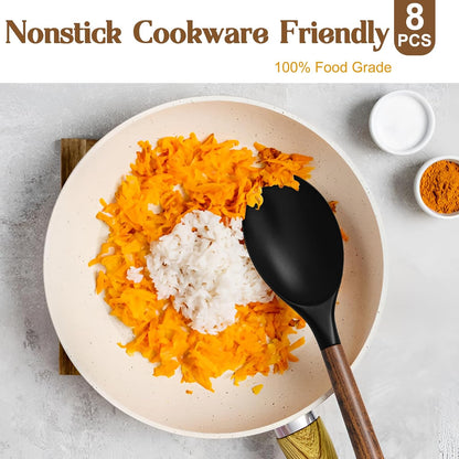 Silicone Cooking Utensil Set, 8-Piece Kitchen Utensils Set with Natural Acacia Wooden Handles,Food-Grade-Silicone Kitchen Gadgets Spatulas Set for Nonstick Cookware- Black