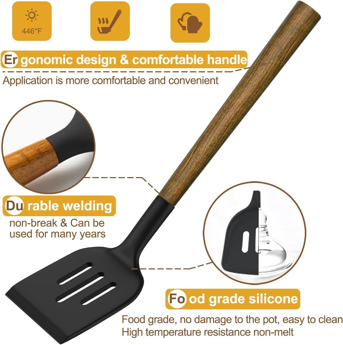 Silicone Cooking Utensil Set, 8-Piece Kitchen Utensils Set with Natural Acacia Wooden Handles,Food-Grade-Silicone Kitchen Gadgets Spatulas Set for Nonstick Cookware- Black