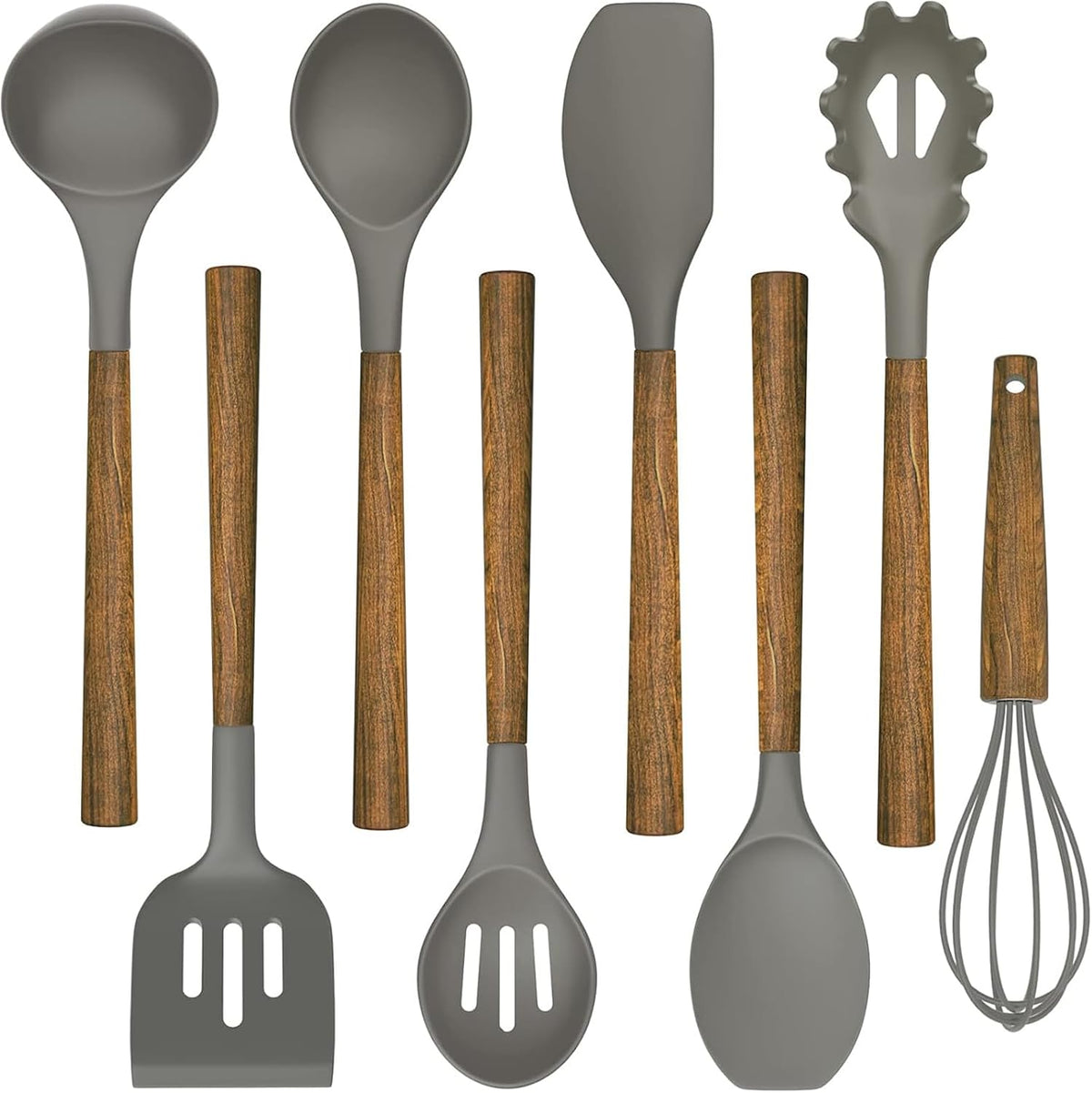 Silicone Cooking Utensil Set, 8-Piece Kitchen Utensils Set with Natural Acacia Wooden Handles,Food-Grade-Silicone Kitchen Gadgets Spatulas Set for Nonstick Cookware- Black