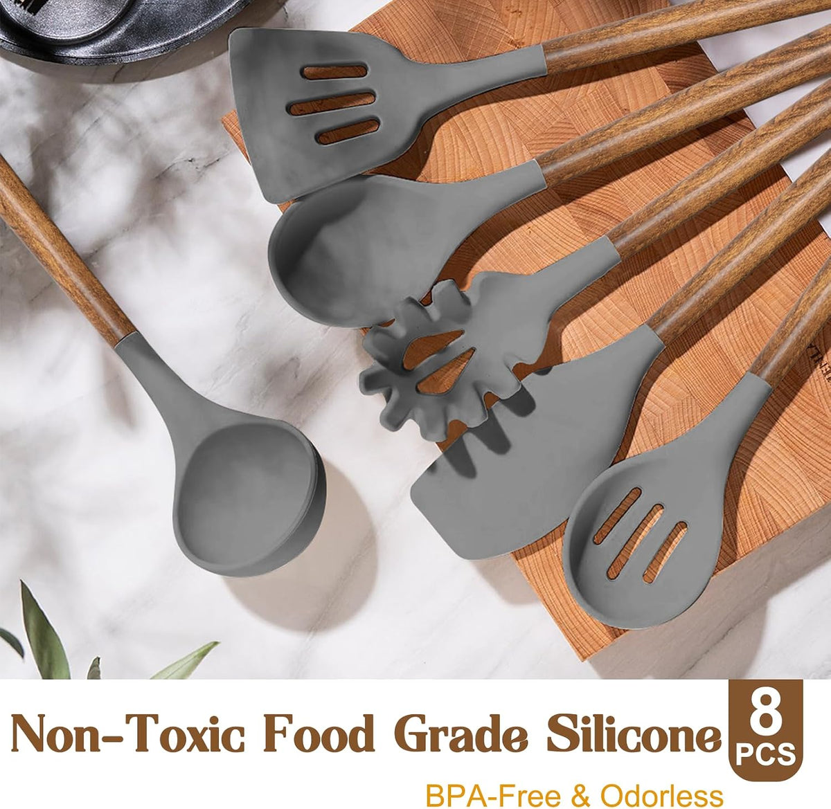 Silicone Cooking Utensil Set, 8-Piece Kitchen Utensils Set with Natural Acacia Wooden Handles,Food-Grade-Silicone Kitchen Gadgets Spatulas Set for Nonstick Cookware- Black