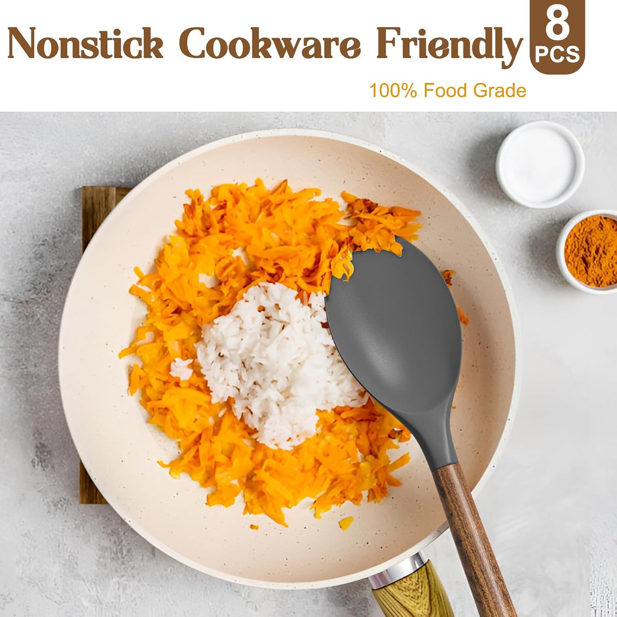 Silicone Cooking Utensil Set, 8-Piece Kitchen Utensils Set with Natural Acacia Wooden Handles,Food-Grade-Silicone Kitchen Gadgets Spatulas Set for Nonstick Cookware- Black
