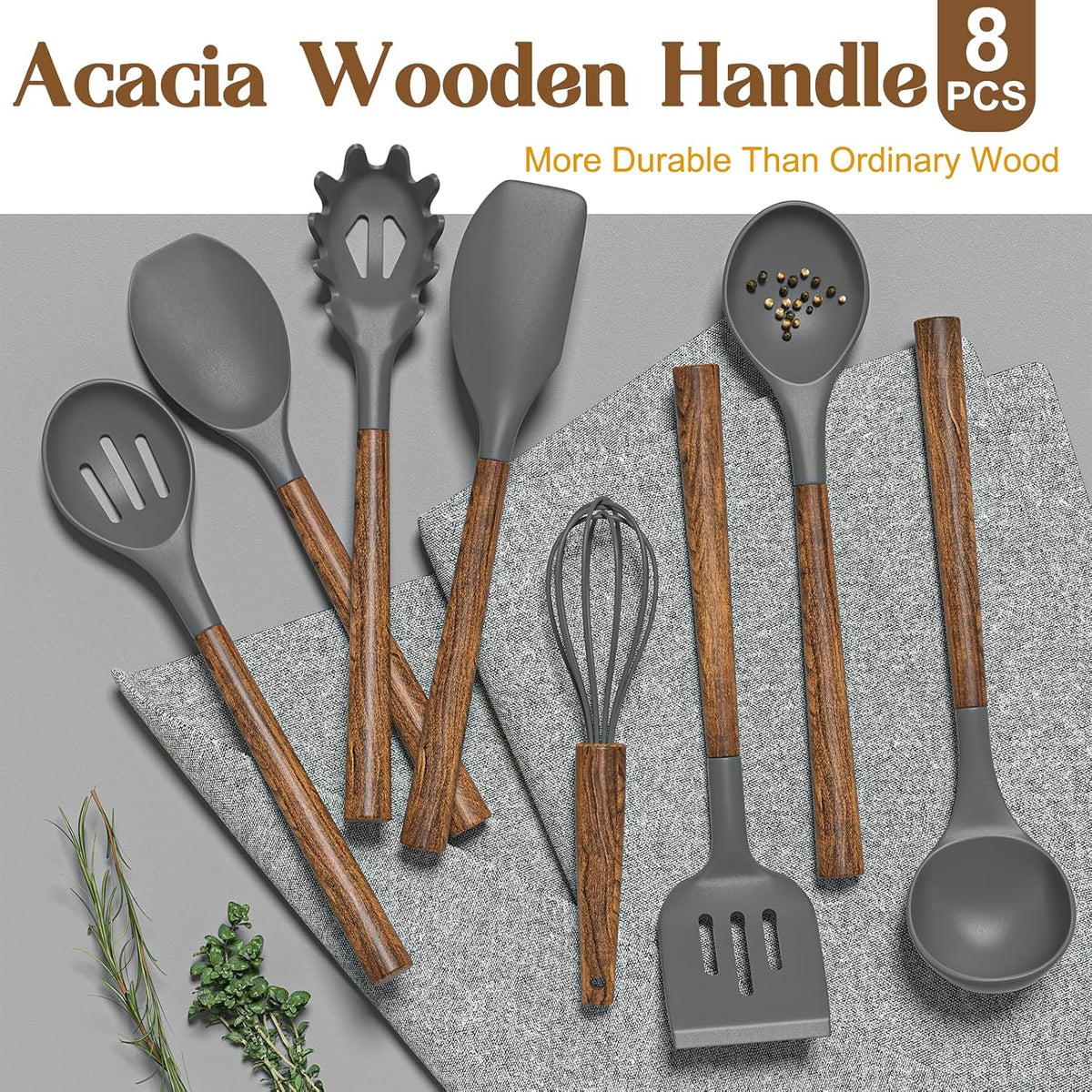 Silicone Cooking Utensil Set, 8-Piece Kitchen Utensils Set with Natural Acacia Wooden Handles,Food-Grade-Silicone Kitchen Gadgets Spatulas Set for Nonstick Cookware- Black