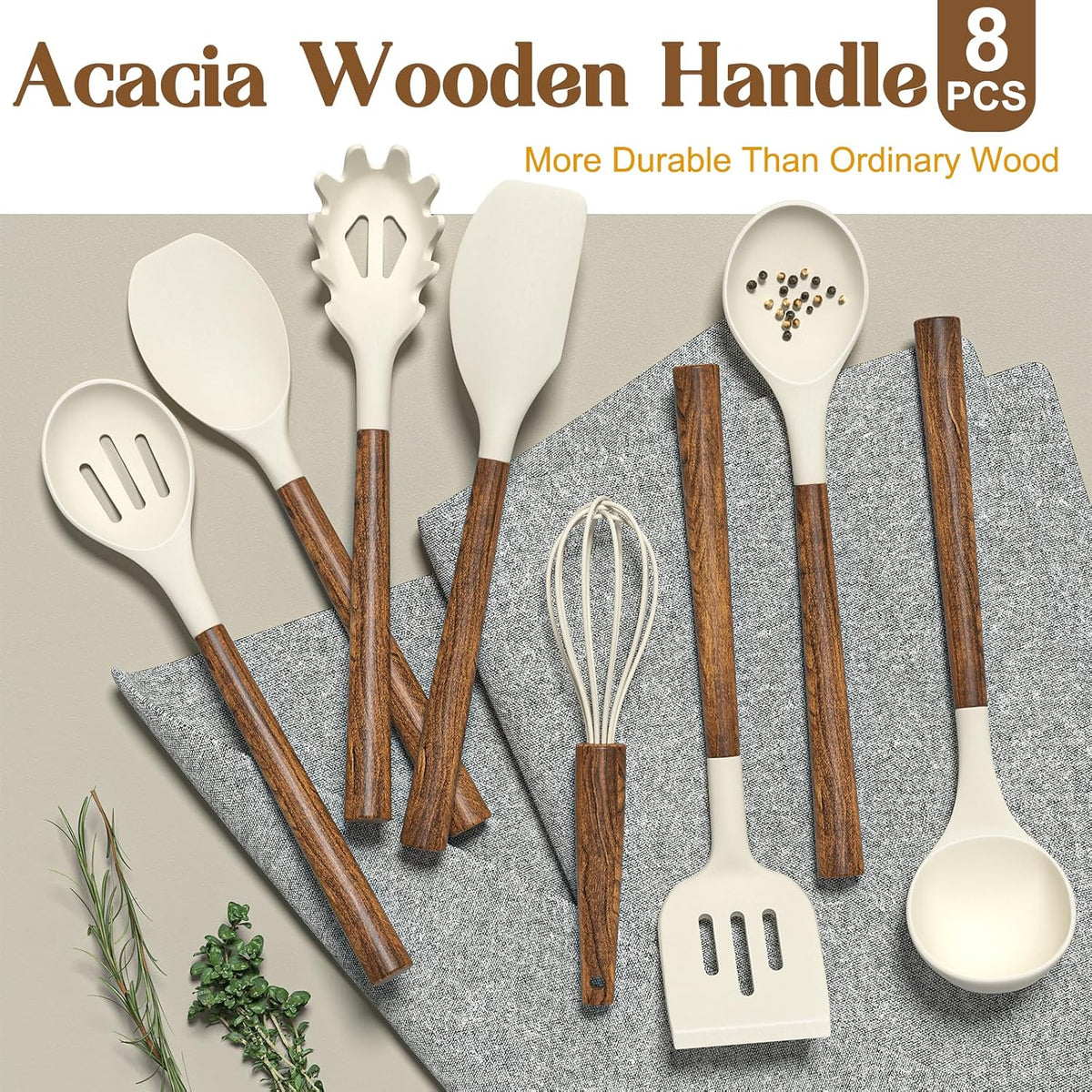 Silicone Cooking Utensil Set, 8-Piece Kitchen Utensils Set with Natural Acacia Wooden Handles,Food-Grade-Silicone Kitchen Gadgets Spatulas Set for Nonstick Cookware- Black