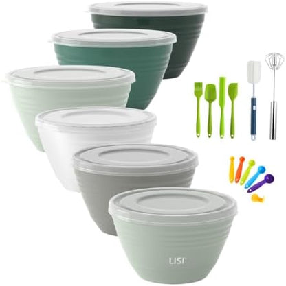 LISI 23Pcs Mixing Bowls Set with Lids, Airtight BPA-Free Nesting Bowls for Mixing, Baking, Cooking & Storage, Dishwasher Safe Serving Bowl, Includes Spatula, Spoons, Brush & Whisk