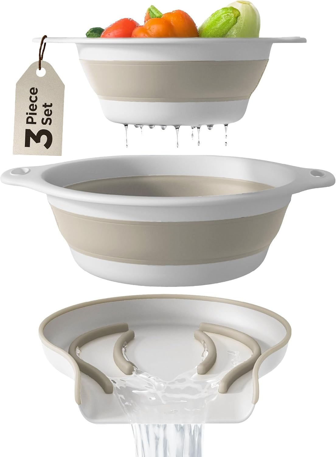 Collapsible Colanders (2 Pack Set) Food Strainers with Over-Sink Water Draining Base for Pasta Fruits and Vegetables (4 and 5 Quart) - White Gray