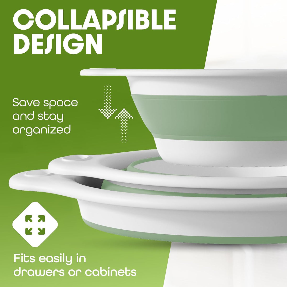 Collapsible Colanders (2 Pack Set) Food Strainers with Over-Sink Water Draining Base for Pasta Fruits and Vegetables (4 and 5 Quart) - White Gray