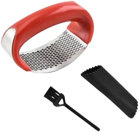 Angel's Peel Lounge Stainless Steel Garlic Press Rocker Set with Silicone Garlic Peeler & Cleaning Brush – Garlic Chopper, Mincer, Grater, Crusher – Easy for Crushed Cloves – Rust-Resistant, Black