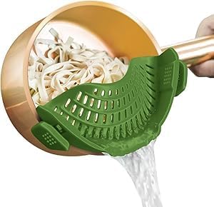 Clip On Strainer Silicone Pots and Pans, Pasta Strainer Clip on Food Strainer for Meat Vegetables Fruit Silicone Kitchen Colander, Green