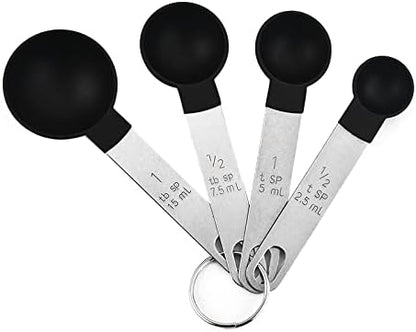 8 Pcs Measuring Cups and Spoons Set, Stackable Black Measuring Spoons for Measuring Dry and Liquid Ingredients Small Teaspoon with Plastic Head