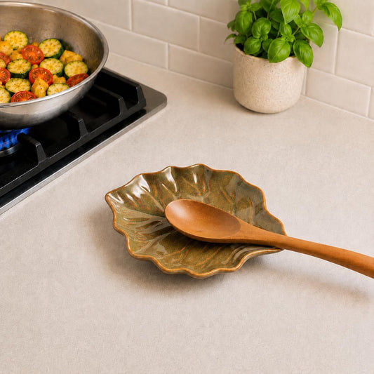 Ceramic Spoon Rest, 5.1 in Leaf Shape for Stove Top and Counter