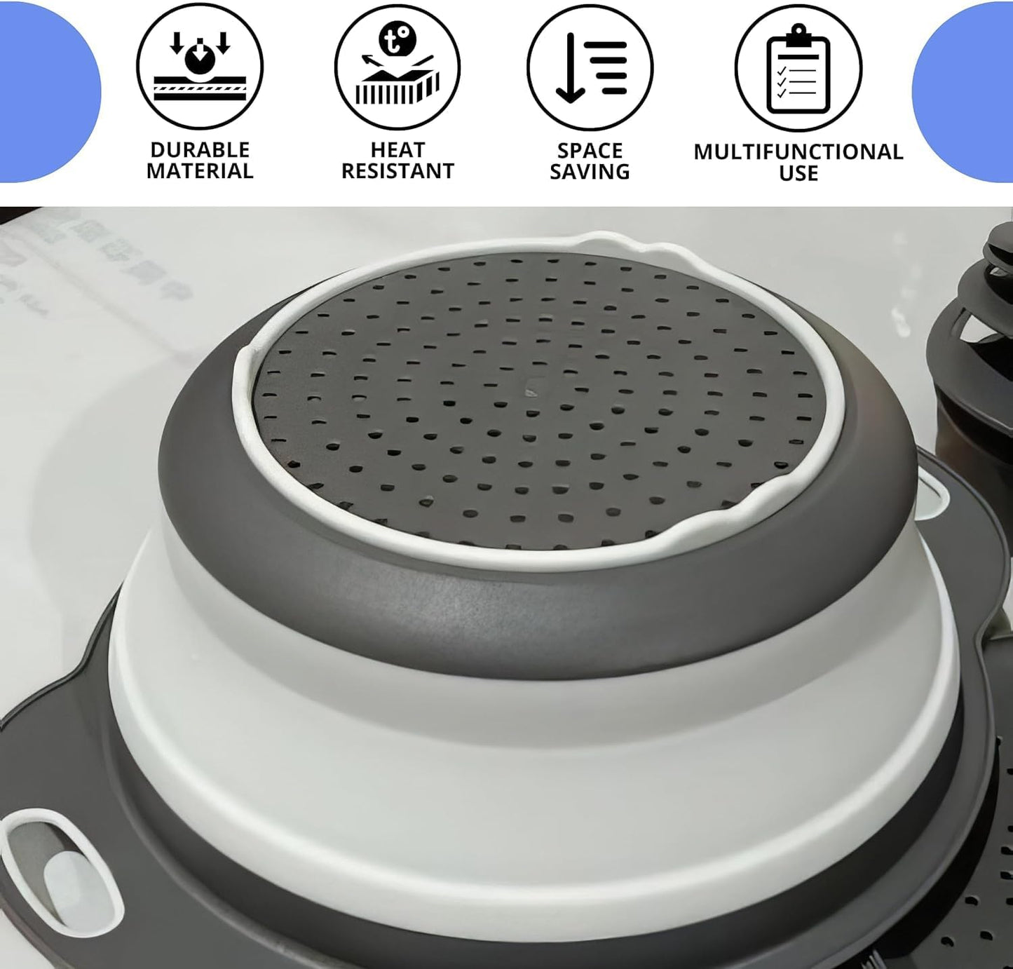 Black Silicone Collapsible Colanders - Kitchen Plastic Foldable Strainers for Pasta Small Camping Colander Bowl for Food