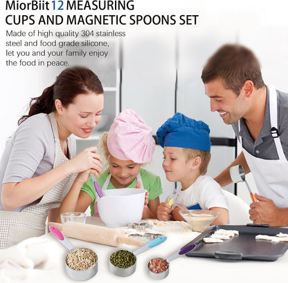 12 PCS Measuring Cups and Spoons Set Stainless Steel, 5 Measuring Cups with Colorful Silicone Handle and 6 Double-Sided Magnetic Measuring Spoons & 1 Leveler for Cooking and Baking (5+6+1)