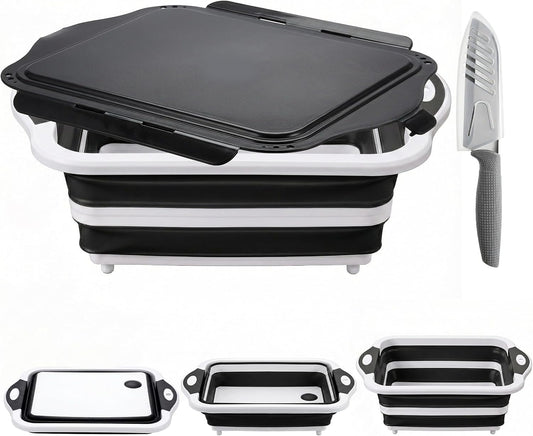 Collapsible BBQ Prep Tub with Lid, Foldable Camping Sink with Colander, Cutting Board, Dish Basin for Kitchen, Bowl, Vegetable and Fruit, Storage Basket for Picnic-Black