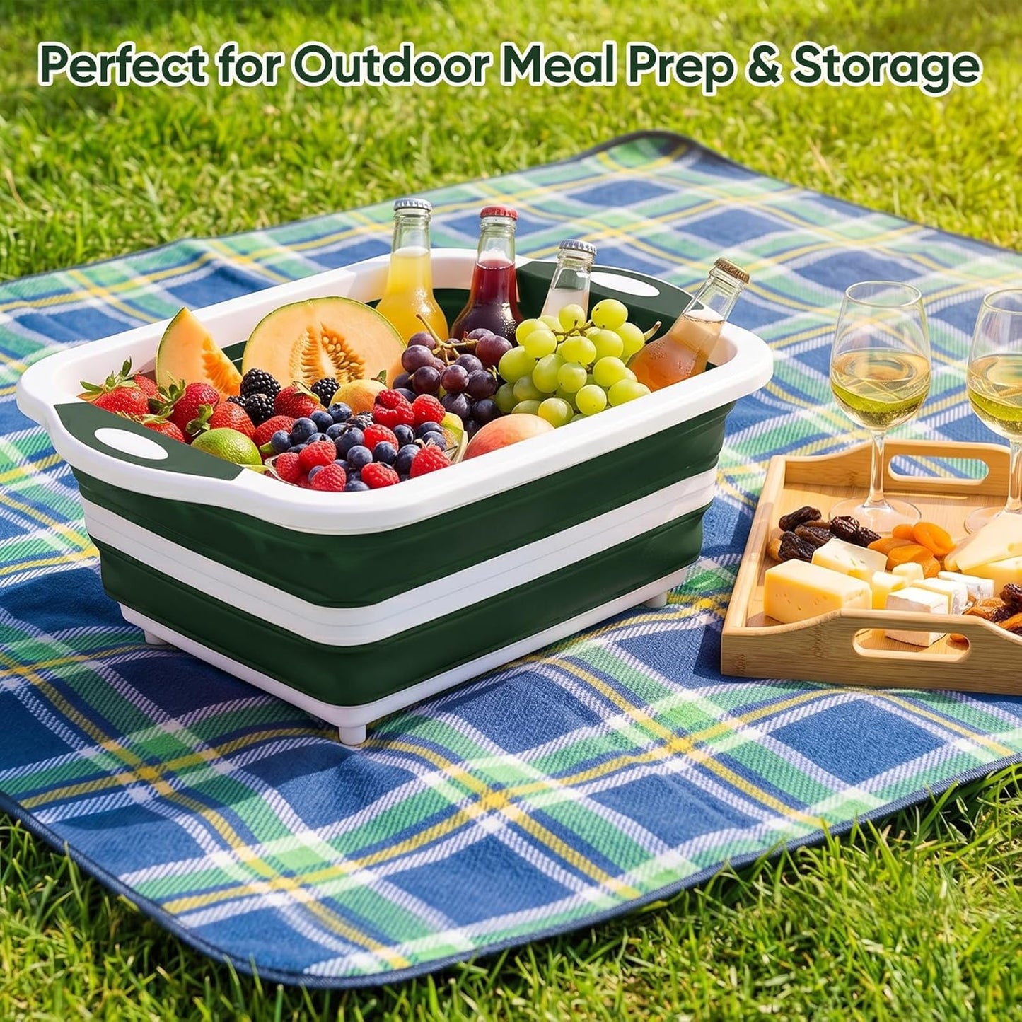 Collapsible BBQ Prep Tub with Lid, Foldable Camping Sink with Colander, Cutting Board, Dish Basin for Kitchen, Bowl, Vegetable and Fruit, Storage Basket for Picnic-Black