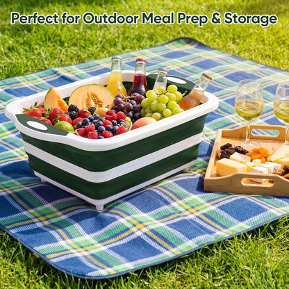 Collapsible BBQ Prep Tub with Lid, Foldable Camping Sink with Colander, Cutting Board, Dish Basin for Kitchen, Bowl, Vegetable and Fruit, Storage Basket for Picnic-Black