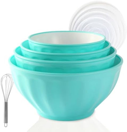 Mixing Bowls with Lids Set,4 Piece Large Plastic Nesting Bowls,Includes 4 Microwave safe Mixing Bowl and An Egg Whisk for Kitchen Prepping,Baking,Cooking Food, Pink
