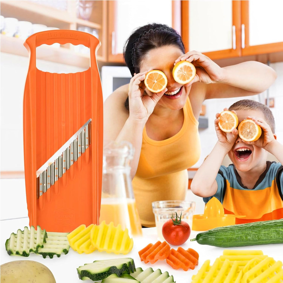 by Reston Lloyd Wave-Waffle XXL Power Line • Crinkle Cut/Spirelli Vegetable Slicer • Slicer for Wave Waffle Cut Vegetables • Wavy French Fries • Made in Germany, Orange