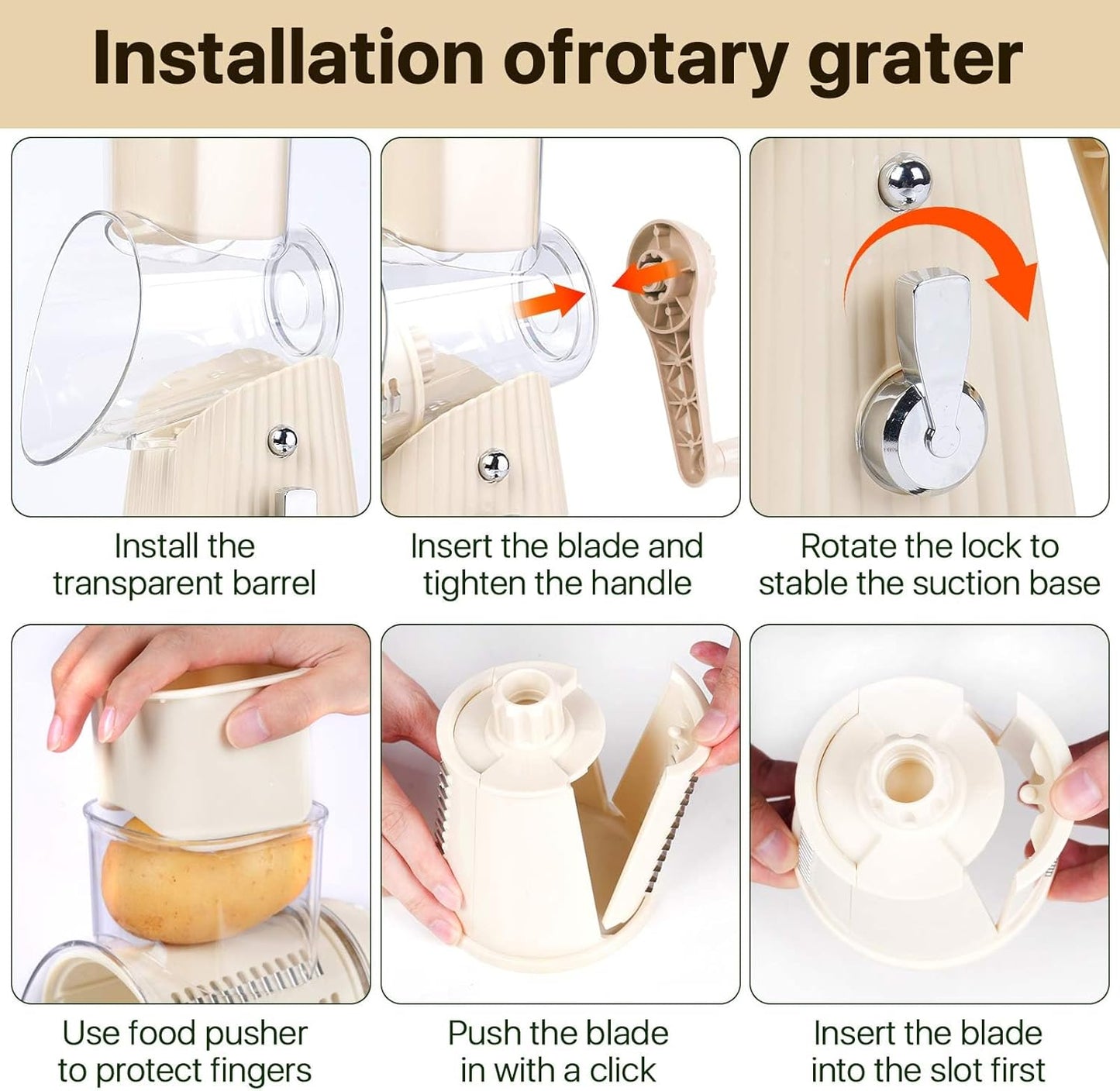 Manual Rotary Cheese Grater, White, 5-in-1 Vegetable Slicer with Suction Base, Stainless Steel Blades, Hand Crank Design for Kitchen