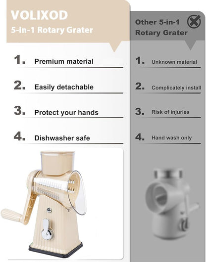 Manual Rotary Cheese Grater, White, 5-in-1 Vegetable Slicer with Suction Base, Stainless Steel Blades, Hand Crank Design for Kitchen