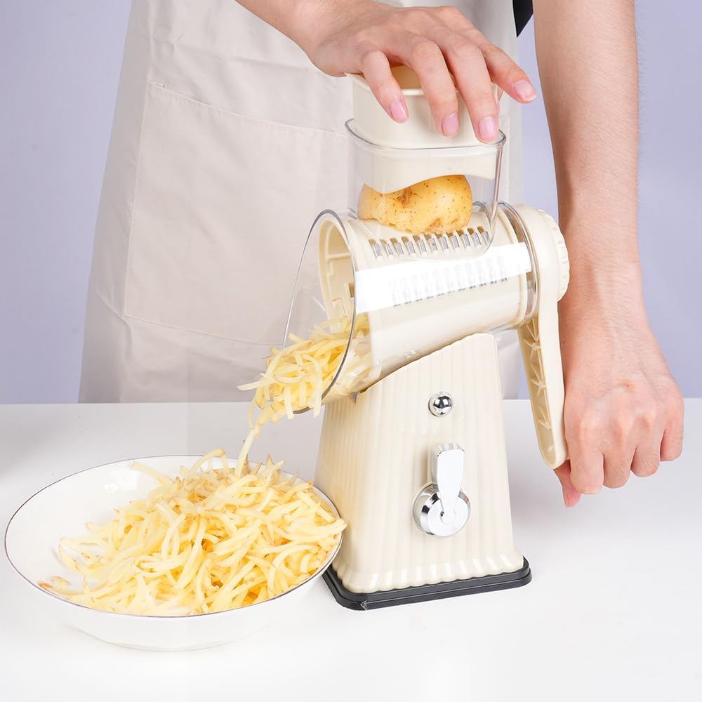 Manual Rotary Cheese Grater, White, 5-in-1 Vegetable Slicer with Suction Base, Stainless Steel Blades, Hand Crank Design for Kitchen