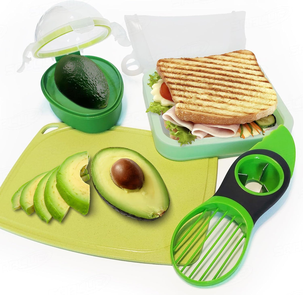 Avocado 4-Piece Set: Multi-Function Slicer Tool, Saver, Wheat Straw Cutting Board & Sandwich Container, Dishwasher Safe, BPA-Free Storage for Slicing, Pitting, Fresh Keeping Meal Prep S0059
