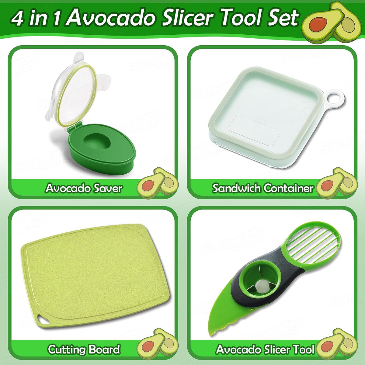 Avocado 4-Piece Set: Multi-Function Slicer Tool, Saver, Wheat Straw Cutting Board & Sandwich Container, Dishwasher Safe, BPA-Free Storage for Slicing, Pitting, Fresh Keeping Meal Prep S0059