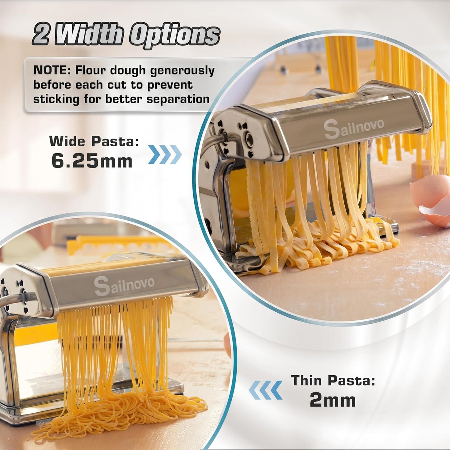 3-in-1 Pasta Maker with 9-Setting Pasta Roller & Cutters, Silver | 9 Thickness & 2 Width Settings| Stainless Steel Body Rust Resistant| Easy Clean| For Spaghetti, Fettuccine, Lasagna and More