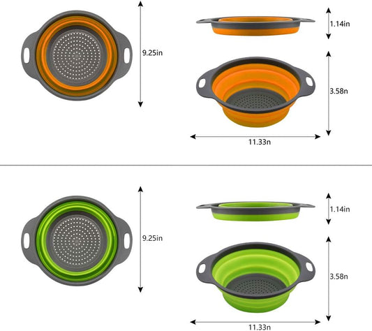 Collapsible Colander Set of 3-2 PC 4 Quart and 1 PC 6 Quart Over the Sink Colander - Food-Grade Sturdy Plastic Base - Round Space-save Silicone Kitchen Foldable Food Strainer