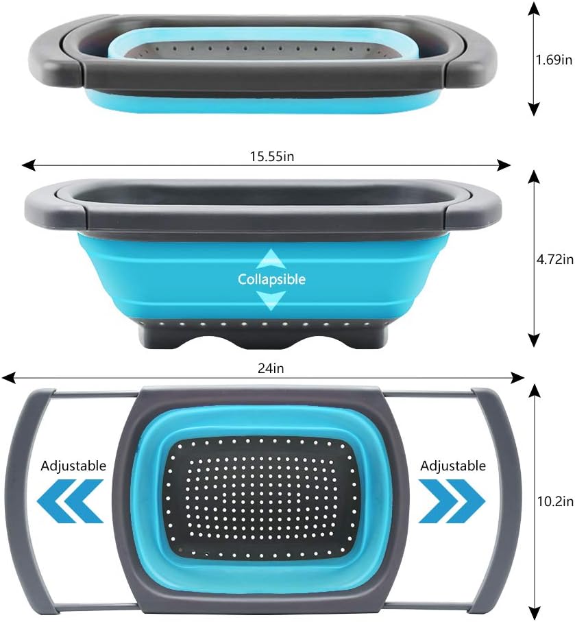 Collapsible Colander Set of 3-2 PC 4 Quart and 1 PC 6 Quart Over the Sink Colander - Food-Grade Sturdy Plastic Base - Round Space-save Silicone Kitchen Foldable Food Strainer