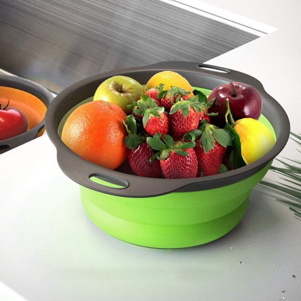 Collapsible Colander Set of 3-2 PC 4 Quart and 1 PC 6 Quart Over the Sink Colander - Food-Grade Sturdy Plastic Base - Round Space-save Silicone Kitchen Foldable Food Strainer