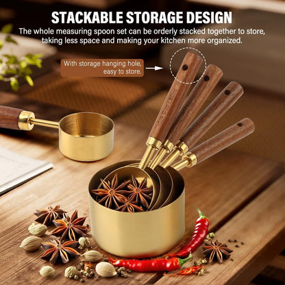 8Pcs Gold Measuring Cups and Spoons Set, Golden Stainless Steel Measuring Cups with Wooden Handle and 4 Measuring Spoons Set for Kitchen Baking Cooking