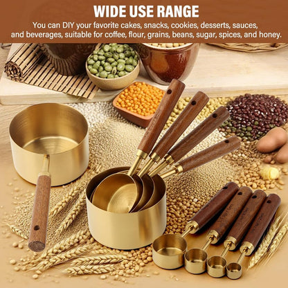 8Pcs Gold Measuring Cups and Spoons Set, Golden Stainless Steel Measuring Cups with Wooden Handle and 4 Measuring Spoons Set for Kitchen Baking Cooking