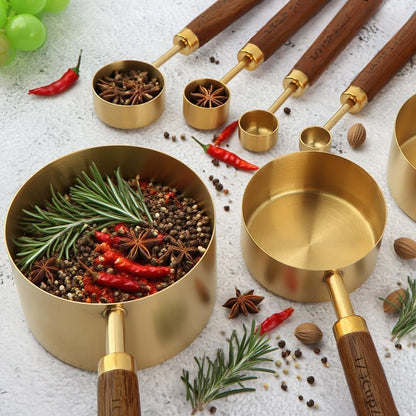8Pcs Gold Measuring Cups and Spoons Set, Golden Stainless Steel Measuring Cups with Wooden Handle and 4 Measuring Spoons Set for Kitchen Baking Cooking