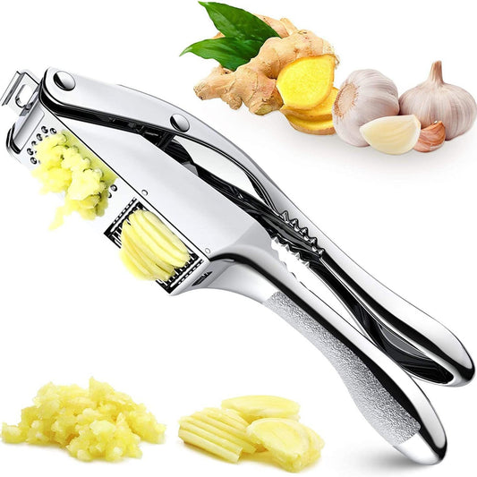 2-in-1 Stainless Steel Garlic Press & Ginger Slicer with Ergonomic Handle | Heavy Duty Stainless Steel, Ergonomic Handle, Garlic Mincer with Slicer Function, Dishwasher Safe, For Garlic, Ginger, Nuts