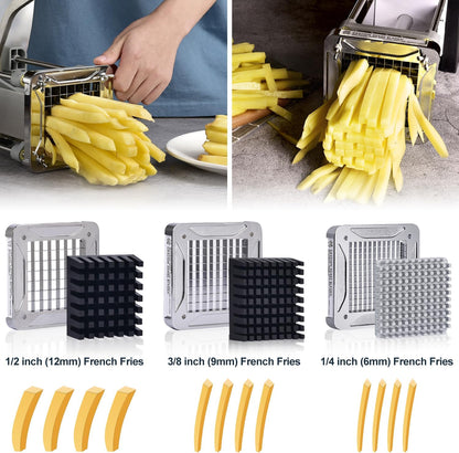 French Fry Cutter, Professional Potato Cutter Stainless Steel with 3/8-Inch and 1/4-Inch Blade Great for Potatoes Carrots Cucumbers