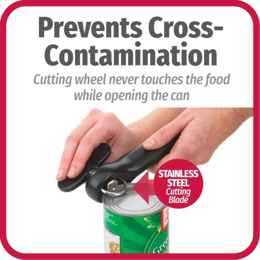 Safe-Cut Can Opener with Easy Turn Knob, Black | Manual Handheld Design with Ergonomic Handle, No Sharp Edges or Food Contact Surfaces, Perfect for Seniors