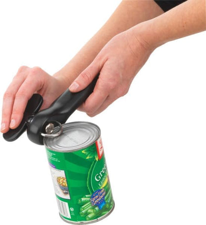 Safe-Cut Can Opener with Easy Turn Knob, Black | Manual Handheld Design with Ergonomic Handle, No Sharp Edges or Food Contact Surfaces, Perfect for Seniors