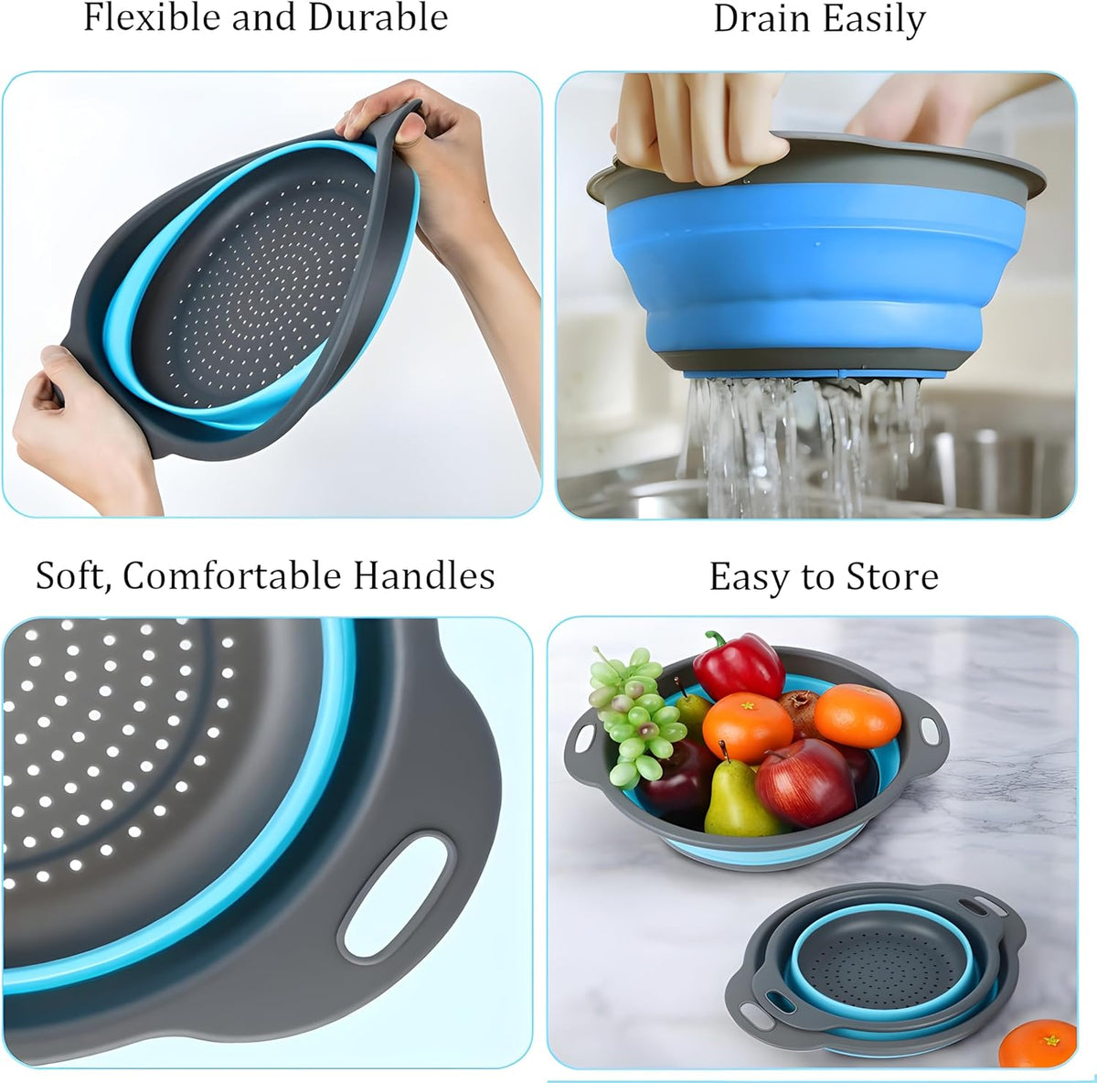 Collapsible Colander Set, Foldable Kitchen Strainer for Pasta, Vegetables & Fruit, Complete Kitchen Set with 2 Stainless Steel Hooks & 2 Silicone Funnels – Blue