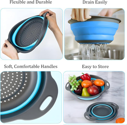 Collapsible Colander Set, Foldable Kitchen Strainer for Pasta, Vegetables & Fruit, Complete Kitchen Set with 2 Stainless Steel Hooks & 2 Silicone Funnels – Blue