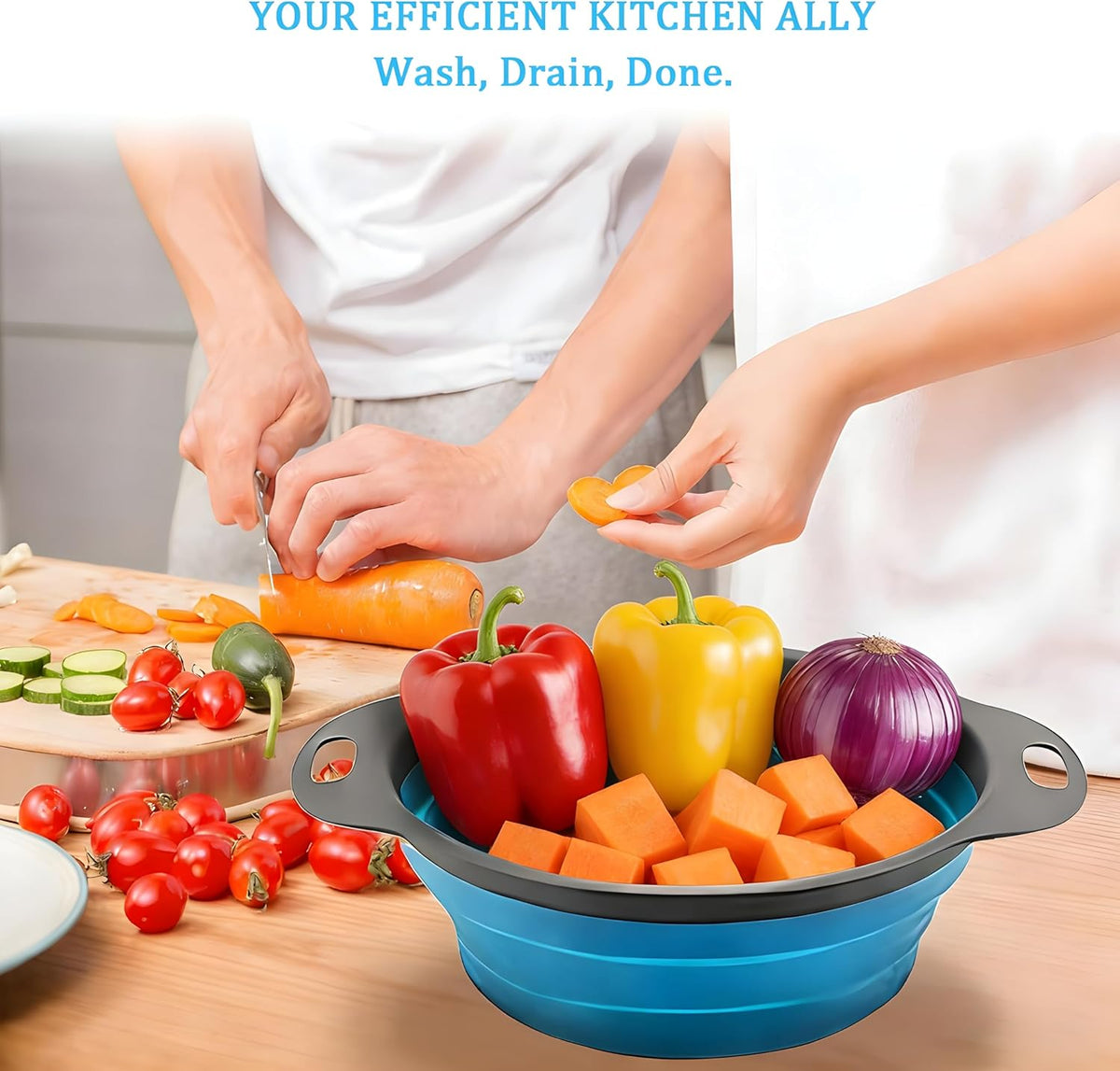 Collapsible Colander Set, Foldable Kitchen Strainer for Pasta, Vegetables & Fruit, Complete Kitchen Set with 2 Stainless Steel Hooks & 2 Silicone Funnels – Blue