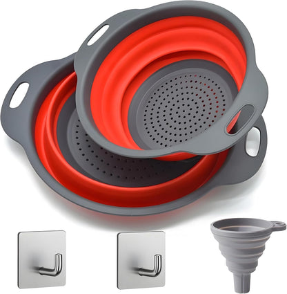 Collapsible Colander Set, Foldable Kitchen Strainer for Pasta, Vegetables & Fruit, Complete Kitchen Set with 2 Stainless Steel Hooks & 2 Silicone Funnels – Blue