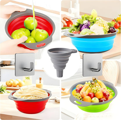 Collapsible Colander Set, Foldable Kitchen Strainer for Pasta, Vegetables & Fruit, Complete Kitchen Set with 2 Stainless Steel Hooks & 2 Silicone Funnels – Blue