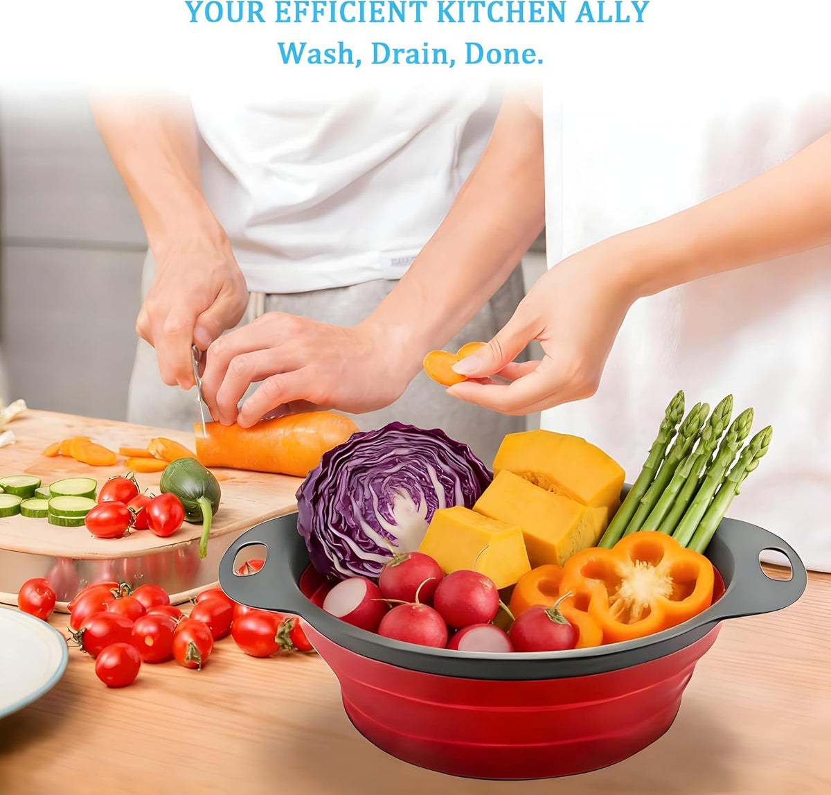 Collapsible Colander Set, Foldable Kitchen Strainer for Pasta, Vegetables & Fruit, Complete Kitchen Set with 2 Stainless Steel Hooks & 2 Silicone Funnels – Blue