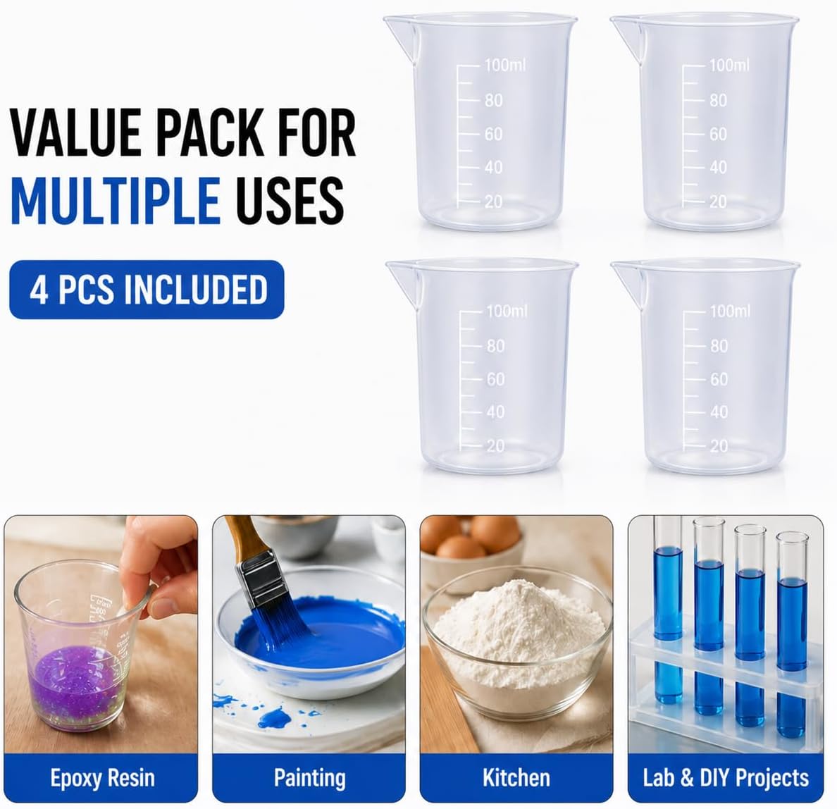 4 Pcs 100ml/3.4oz Plastic Graduated Cup Clear Measuring Cup Multipurpose Mixing Cups for Kitchen Cooking Medicine Measure Tool
