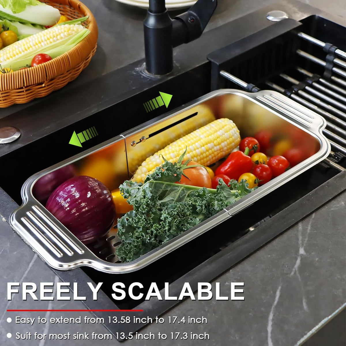 4 In 1 Collapsible Colander Strainer, 304 Stainless Steel Expandable Over the Sink Colander, Foldable Large Colanders Basket to Wash Vegetable and Fruits, Drain Cooked Pasta and Dry Dishes