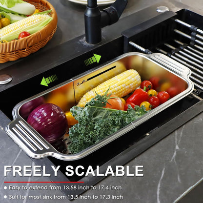 4 In 1 Collapsible Colander Strainer, 304 Stainless Steel Expandable Over the Sink Colander, Foldable Large Colanders Basket to Wash Vegetable and Fruits, Drain Cooked Pasta and Dry Dishes