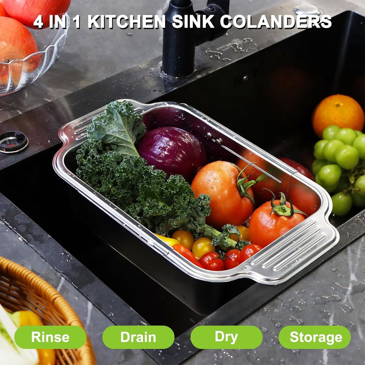 4 In 1 Collapsible Colander Strainer, 304 Stainless Steel Expandable Over the Sink Colander, Foldable Large Colanders Basket to Wash Vegetable and Fruits, Drain Cooked Pasta and Dry Dishes