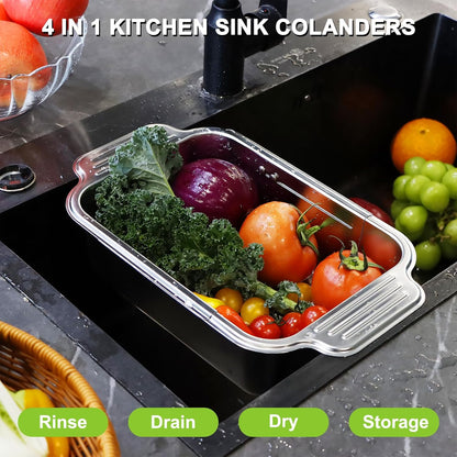 4 In 1 Collapsible Colander Strainer, 304 Stainless Steel Expandable Over the Sink Colander, Foldable Large Colanders Basket to Wash Vegetable and Fruits, Drain Cooked Pasta and Dry Dishes