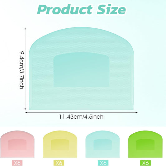 24 Pcs Bench Scraper Dough Scraper for Baking, BPA Free PE Flexible Bowl Scrapers, Food-Safe Plastic Dough Cutter Tool for Bread Cake Fondant Icing (Light Blue, Green, Yellow, Pink)